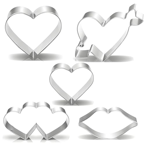 Valentine's Day Heart Cookie Cutter Set - 5 Piece Valentine Cookie Cutters - Lips, Heart with Arrow, Double Heart