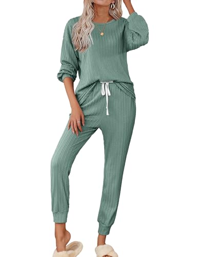Ekouaer Womens Pajamas Set Ribbed Knit Long Sleeve Pullover Top Jogger Pants Set 2 Piece Lounge Set Sleepwear Tracksuit S-XXL