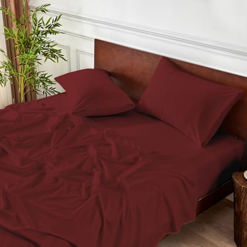 Meteorwi Home - Juego de Sábanas 4 Piezas 150x200cm - Microfibra Suave Transpirable - Sábana Bajera Ajustable, Sábana Encimera y 2 Fundas de Almohada (Burdeos, Cama 150)
