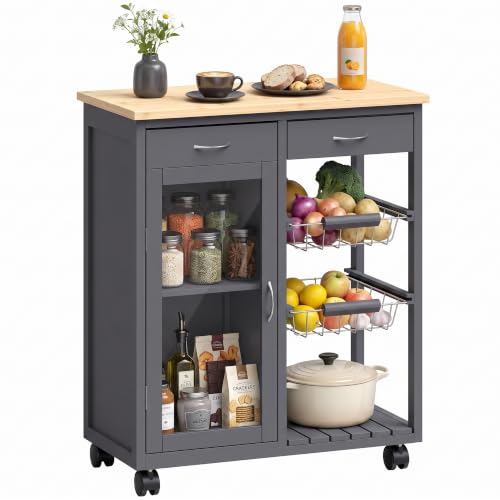 Image of HOMCOM Rolling Kitchen Trolley Bamboo Kitchen Island 67 x 35 x 80 cm Grey