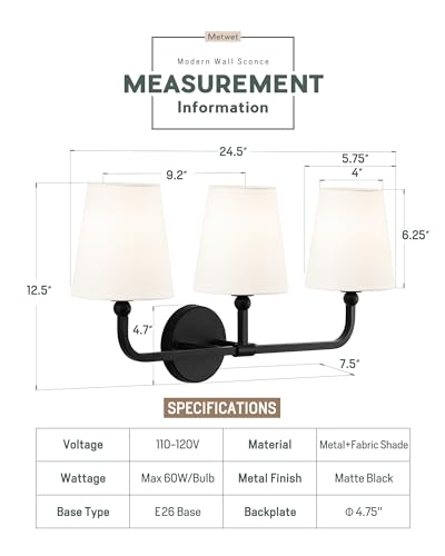 Image of Bathroom Light Fixtures, Matte Black Vanity Lights with Flared White Fabric Shade, 3 Light Wall Sconce, Modern Sconces Wall Lighting for Hallway Bedroom, VL837-MB-3