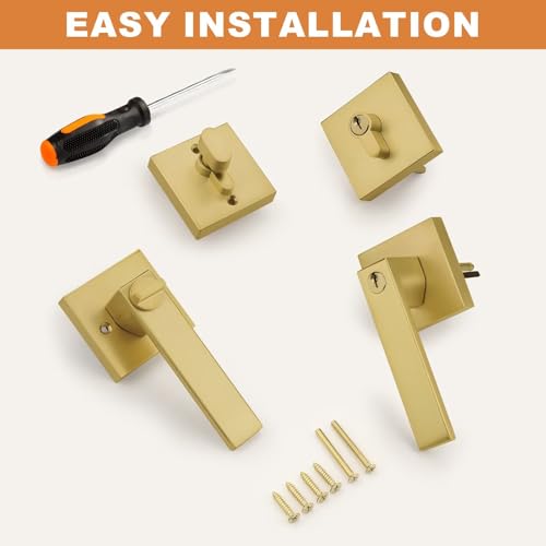 Probrico Brushed Gold Exterior Door Locksets, Heavy Duty Square Keyed Alike Front Door Entry Handle and Single Cylinder Deadbolt Set, Satin Brass, 3Pack by Probrico - Image 2