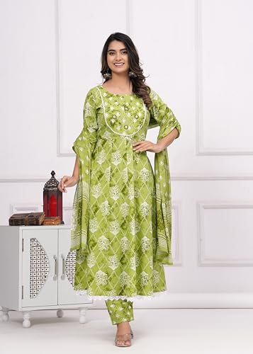 Image of Rangnavi Women's Floral Print Cotton Anarkali Embroidered Kurta with Palazzo and Dupatta
