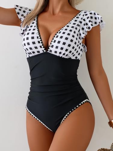 Image of Aidonger Women's One Piece Ruffle Swimsuit Tummy Control Bathing Suit V Neck Shell Stitched Swim Suit Slimming Swimwear