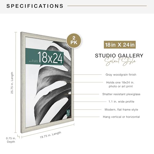 MCS Studio Gallery 18x24 Poster Frame White Woodgrain, Vertical & Horizontal Wall Hanging Large Picture Frame for Photos, Posters & Art Prints (2-Pack)