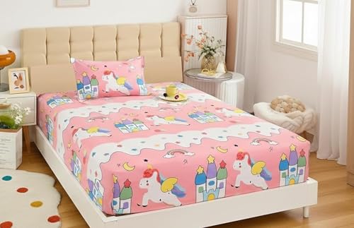 Image of RD FABS Microfiber Wrinkle Free Soft Cartoon Printed Single Bedsheet for Kids with 1 Pillow Cover (60X90 Inches /Pink Unicorn) - Hypoallergenic, 144 TC
