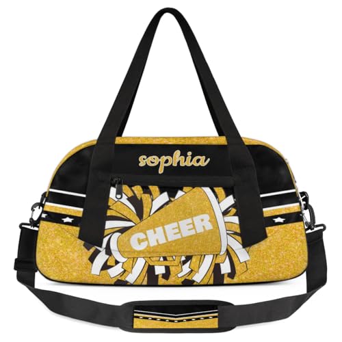 Personalized Name Cheer Bag Custom Sport Duffel Bag for Girls Cheerleader Bags Overnight Weekender Bags Carry On Travel Bag, Glitter Yellow