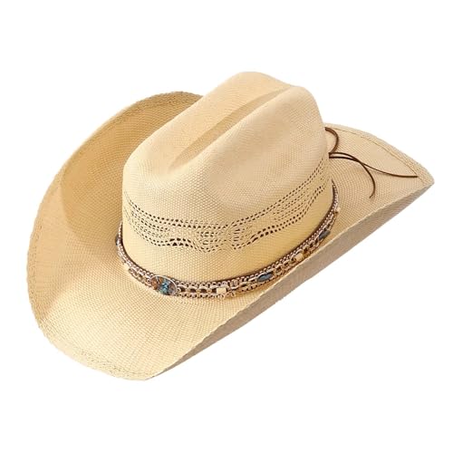 Image of Straw Cowboy Hat - Genuine Weaved Design with Elastic Sweatband and Adjustable Strap for Sun Protection