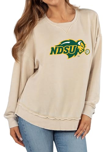 chicka-d Women's Burnout Hi-Lo Campus Crewneck Fleece Sweatshirt NCAA Primary Team Icon Neutral, North Dakota State Bison, Oatmeal, Small