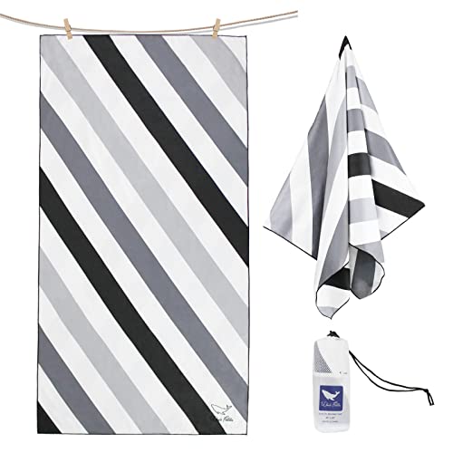 Whale Flotilla Microfiber Large Quick Dry Beach Towel Sand Free Cooling Travel Camp Pool Towel Set, Super Absorbent and Portable, Striped 76x152 CM Black