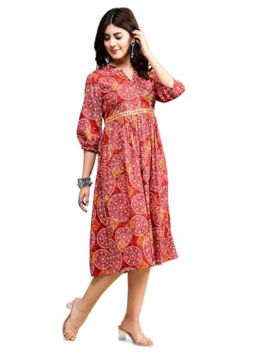 Image of Rama's Women's Printed Cotton One Piece Dress | V-Neck | 3 /4 Sleeves | Empire Waist | Knee Length Casual Dress for Women