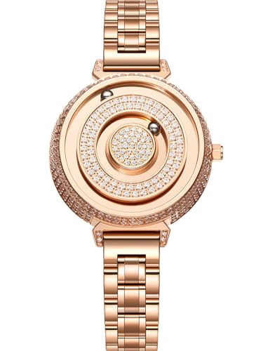 EUTOUR Relógio de mulher magnético elegante design minimalista quartzo sem vidro rolamento de bolas relógios de pulso para mulheres 36 mm, Dourado-B, Moderno