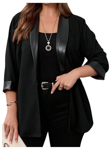 GORGLITTER Womens Plus Size Fall Blazer 3/4 Sleeve Leather Open Front Blazer Jacket Business Casual Work Office Outfit Black X-Large Plus
