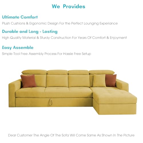 Image of Casaliving Gagnon RHS 6 Seater L Shape Corner Sofa Cum Bed for Living Room (Yellow Fabric) Premium Fabric Sofa