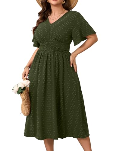 Image of RWJ Women's Plus Size Maxi Dress V Neck Short Sleeve Swiss Dot A Line High Waist Boho Swing Casual Summer Dresses