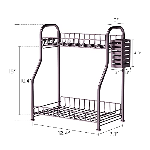Junyuan Bathroom Organizer Shelf With Toiletries Basket, 2-Tier Kitchen Countertop Spice Rack For Spice Can Jars Bottle With 3 Hooks (Bronze, Steel) #TOP4