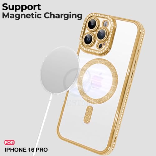 Image of AESTMO Back Cover for iPhone 16 Pro Compatible with MagSafe | Diamond Glitter Case | Luxury Bling Rhinestone Soft Clear TPU Bumper | Camera Lens Protection Cover for iPhone 16 Pro (Gold)