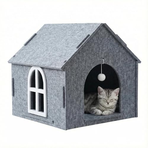 Indoor Cat Felt Houses Scratch-Resistant Warm Insulated Cat Cave Compatible with Heating Pads (Grey)