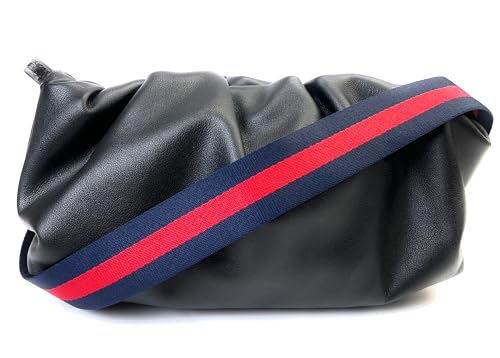 Image of Classic Navy Blue Red Stripe Purse Strap with Silver Hardware 1-1 /2 Inch Wide Replacement Crossbody Guitar Style Shoulder Strap for Handbags Totes