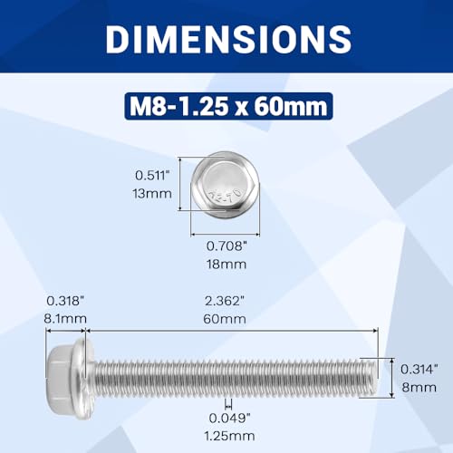 Image of M8-1.25 x 60mm Serrated Flange Hex Bolts + Flange Nut + Flat Washer + Lock Washer Combo Pack, 304 Stainless Steel 18-8, for Automotive & Machinery, 10 Sets