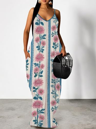 Image of Women Spaghetti Strap Maxi Dress with Pockets | Soft fabric relaxed fit sleeveless v neck with pockets for party and daily wear
