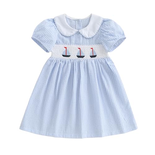 Toddler Baby Girl Sailboat Outfit Smocked Dresses Doll Collar Dress Cute Little Girls Summer Clothes (sail Boat Blue, 6-12 Months)