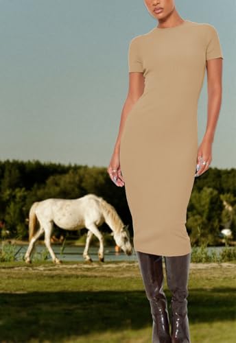 Image of Women's Crew Neck Short Sleeve Slim Fit Ribbed T Shirt Casual Midi Bodycon Dress