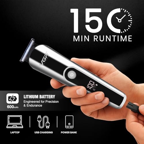Image of VGR V-107 Professional 11-in-1 Grooming Kit I IPX6 Waterproof I Stainless Steel Precision Blades I Beard, Hair & Body Styling I LED Display I Cordless Use I 150 Mins Runtime I USB Rechargeable, Black