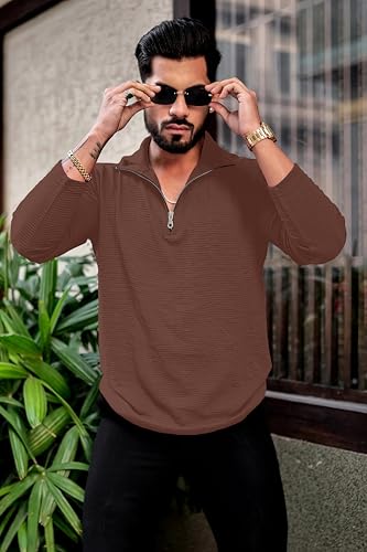 Image of KAJARU Men's Quarter Zip Pullover T-Shirt, Textured Ribbed Long Sleeve, Casual Mock Neck