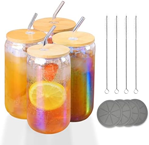 RoweLLsouL Glass Drinking Glass with Bamboo Lid and Clear Straw, 4 pcs 16oz Beer Mug, Iced Coffee Mug, Iced Coke Mug - Perfect for Juice, Soda, Milk Tea
