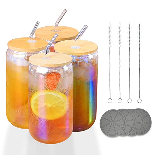 Rowellsoul Glass Drinking Glass With Bamboo Lid And Clear Straw, 4 Pcs 16Oz Beer Mug, Iced Coffee Mug, Iced Coke Mug - Perfect For Juice, Soda, Milk Tea #TOP1