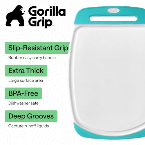 Image of GORILLA GRIP BPA-Free Reversible Kitchen Cutting Board Set of 3, US Designed, Nonporous, Juice Grooves Catch Liquid, Slip Resistant Border, Dishwasher Safe Durable Large Food Chopping Boards Turquoise