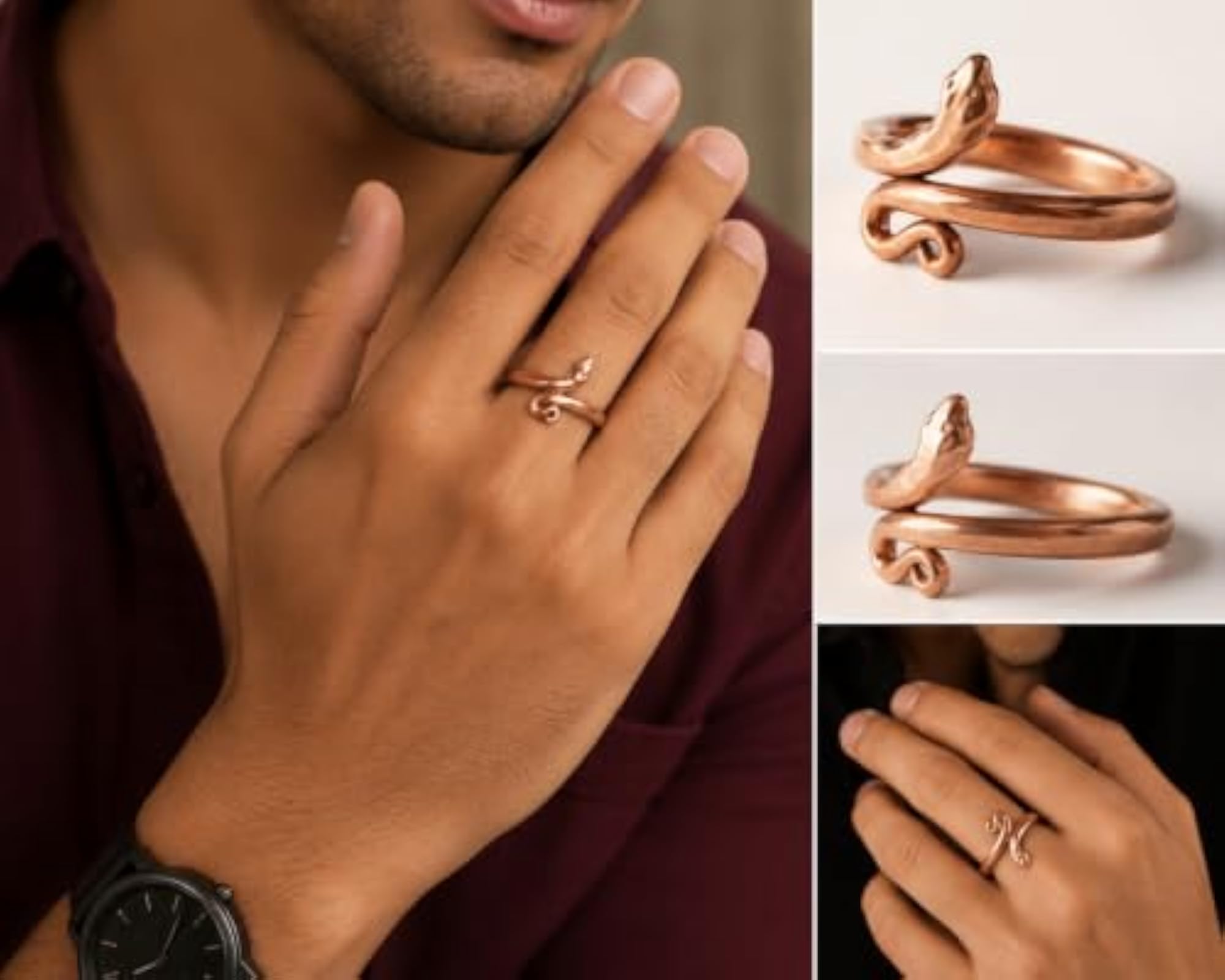 Men's Adjustable Copper Snake Ring, Unisex Design