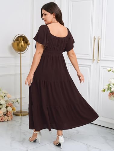Image of SCOMCHIC Womens Plus Size Maxi Dress Formal Short Sleeve Square Neck Smocked Side Split Flowy A Line Tiered Long Dress