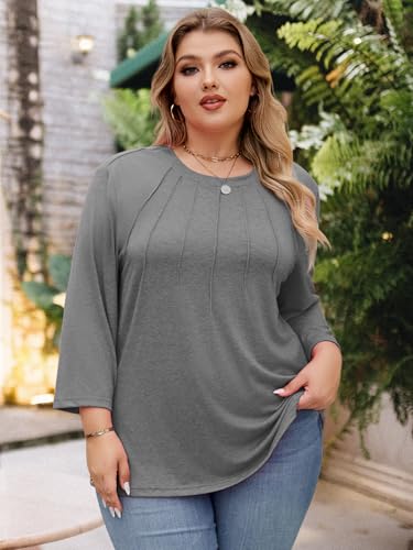 Image of Chulianyouhuo Womens Plus Size Tops 3 /4 Sleeve Casual T Shirts | Crew Neck, Pleated Blouse Tee, Dressy Casual Shirts, Loose Fit Tunic Tops, Soft Fabric, Going Out Outfits