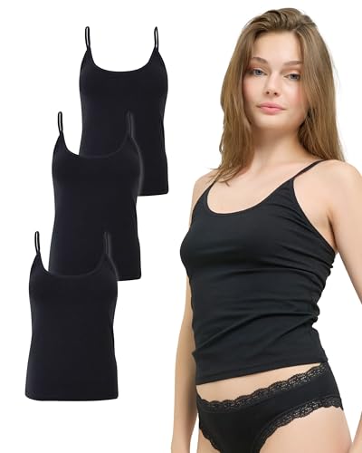 mimosso Top de espaguetis para mujer de algodón orgánico, paquete de 3 unidades, ajuste ceñido, camisetas interiores de alta calidad con tirantes clásicos (talla S-2XL), Negro , XL