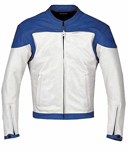 Classyak Men's Fashion White & Blue Motorcycle Real Leather Jacket