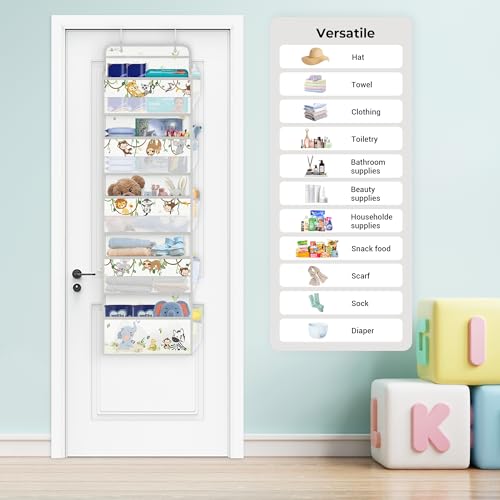 Clastyle Grey Animal Over the Door Organizer with 5 Pockets Elephant Monkey Nursery Hanging Storage Organizer for Kids Clothes Diaper Toy Closet Door Hanging Shelf Storage for Bedroom Bathroom Pantry - Image 2