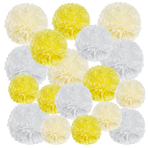 Image of Tissue Paper Pom Poms Party Decorations, Hmxpls Tissue Balls Colorful Flowers Pom, Large Pom Poms for Wedding Birthday Celebration Outdoor Decoration - Yellow & White (8 inch / 10 inch / 12 inch)