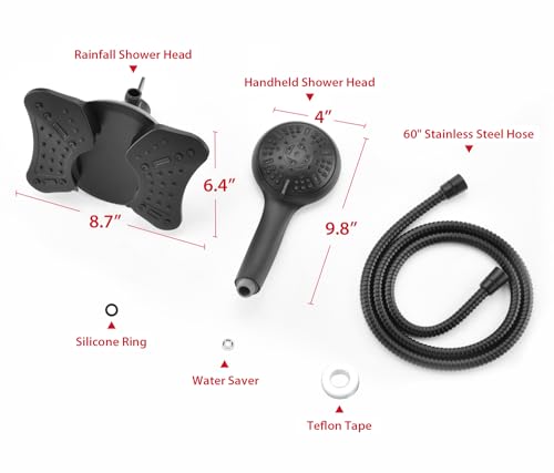 Image of GRICH Shower Head with Handheld Spray - Dual High Pressure Showerhead | Rainfall Shower Heads Combo, Detachable Hand Shower, 9 Spray Settings, 60 inch Stainless Steel Shower Hose, 2.5GPM, Black