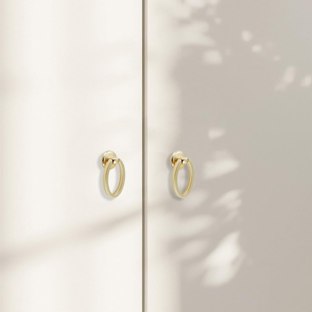 10 Pack Gold Drawer Knobs 2.17" Brushed Gold Cabinet Knobs Zinc Alloy Single Hole Ring Pulls for Dresser 55mm Kitchen Handles for Cupboard Bathroom Wardrobe Hardware