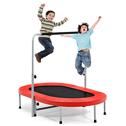 COSTWAY Mini Trampoline Pliable pour 2 Enfants Intérieur/Extérieur avec Main Courante Ajustable et Coussin de Sécurité Tapis de Saut Charge 150kg Rouge