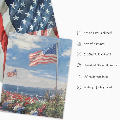 Image of JarThenaAMCS Patriotic Canvas Wall Art Prints Vintage Coastal Summer Wall Decor Wildflower American Flag Art Poster for 250th Anniversary 4th of July Independence Day Gallery Home Room (UNFRAMED)