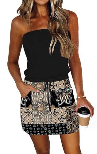 Image of SAUKOLE Summer Dress for Women Strapless Beach Cover Ups Boho Sundress Mini Dress Drawstring Waist with Pockets