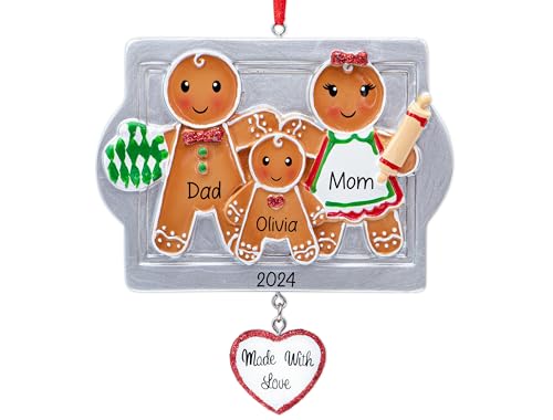UniqXmas Personalized Made with Love Family of 3 Christmas Ornament 2025 | Gingerbread Cookies for Xmas Tree | New Parents Our First Christmas As Family of Three Keepsake - Custom Name & Year