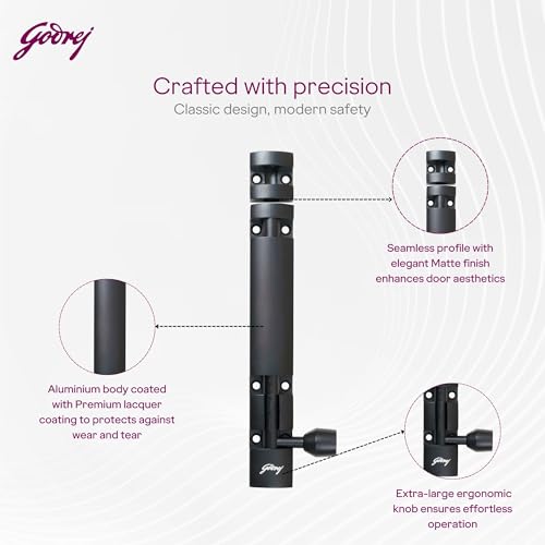 Image of Godrej Door Fittings | 6 inch Tower Bolt | Premium Matte Black Finish | Kundi for Better Grip & Easy Operation-Chitkani /Chitkini for Main Door, Bedroom, Bathroom, Wardrobe| Pack of 4|1 Year Warranty