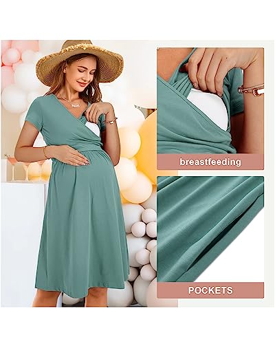 Image of OUGES Maternity Nursing Dress Breastfeeding Short Sleeve V Neck Casual Pregnancy Clothes with Pockets