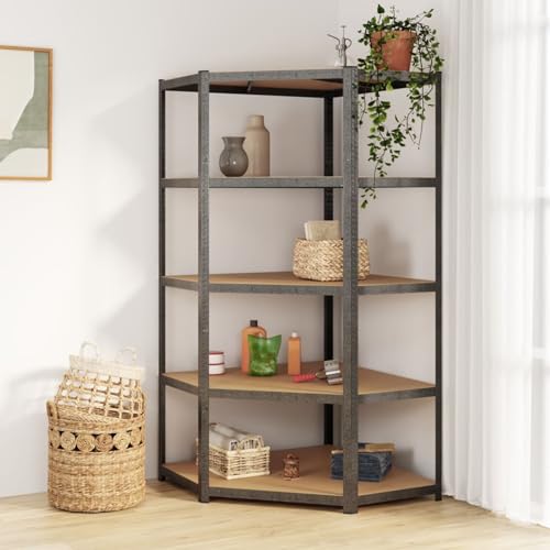 Homgoday Scaffale Angolare Resistente 5 Ripiani Grigio Acciaio e Legno, Credenza Armadio da Cucina, Mobiletto Portaoggetti Ripiani Salvaspazio Mobiletto Armadio di Stoccaggio per Camera Ufficio Arredo