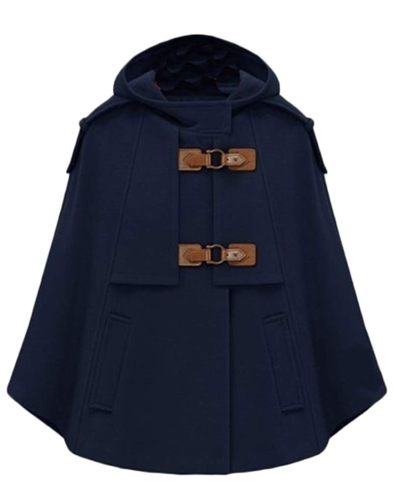 Femme Classique À Double Boutonnage Hiver Capuche Poncho Cape Mélange De Laine Veste Manteau À Capuche avec Poche Bleu S