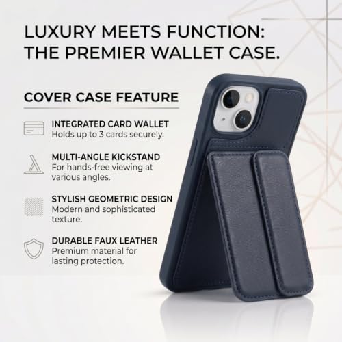 Image of amazon basics Luxury Vegan Leather Back Cover for iPhone 15 | Built-in Card Holder Slot | Integrated Mobile Stand | Slim Shockproof Protective Case with Stitched Finish - Blue